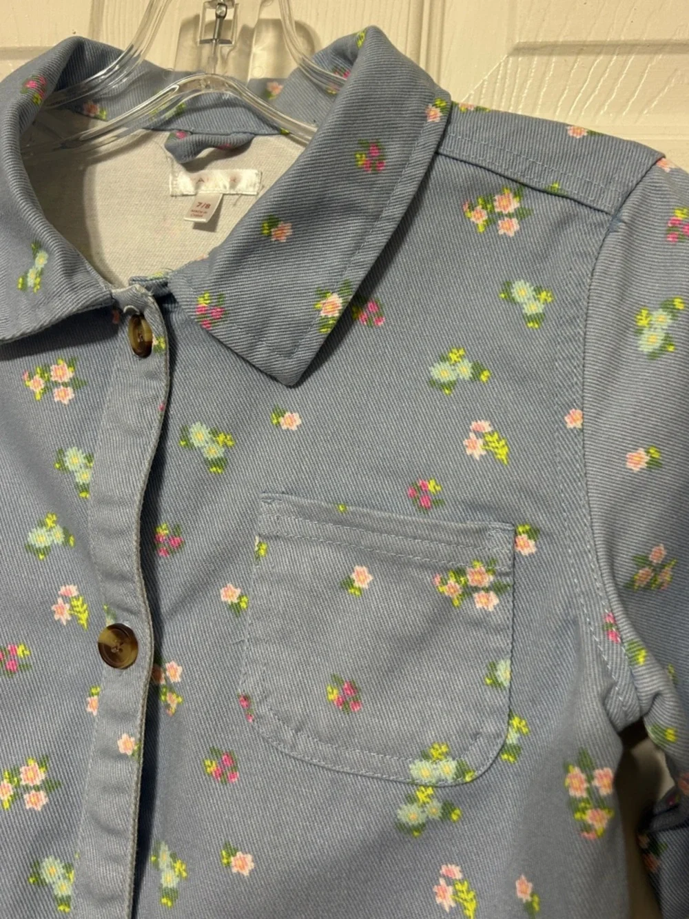 TAHARI Girl’s Blue & Pink  Floral Jacket Cotton Denim Shacket Size 7/8